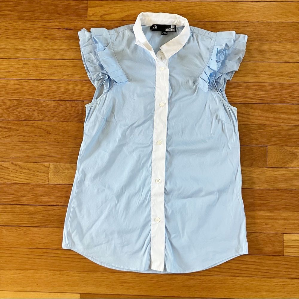 Love Moschino Blue White Officecore Work Business Short Sleeve Button Up 4